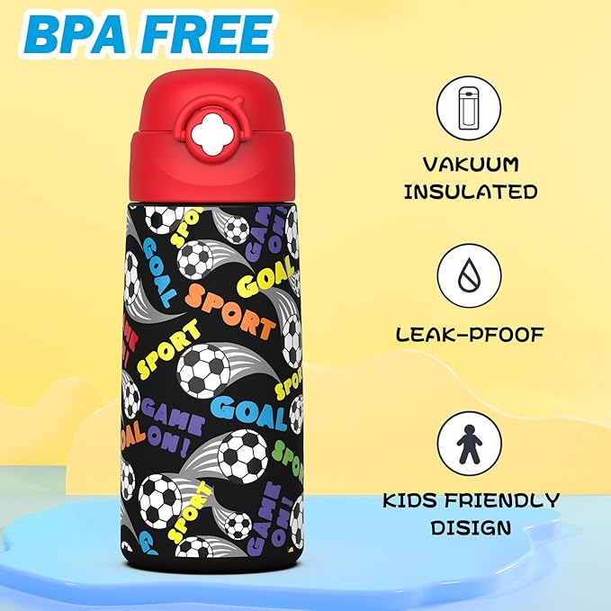 Boys Insulated Water Bottle with Covered Pop-Up Straw,16 oz Kids Cups with Stainless Steel Leak Proof for School（Red-Soccer）
