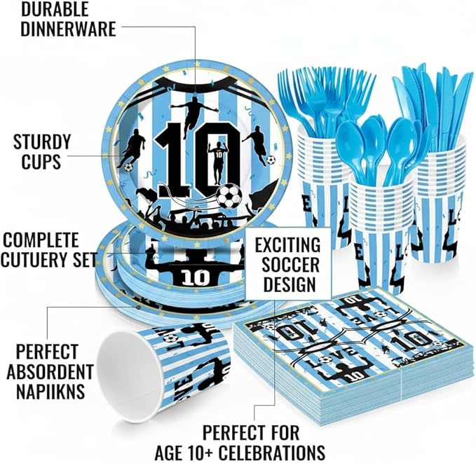 Soccer Star Party Supplies for Kids Birthday Party, Blue & White Legendary Football Star Party Decorations Disposable Tableware Set With Plates, Cups, Napkins & Cutlery for 24 Guests