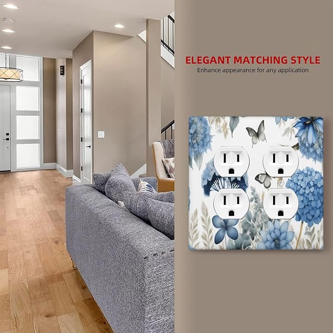 Blue Floral Hydrangea Floral Butterfly Flower Plant Outlet Covers 2 Gang Double Duplex Decorative Light Switch Covers Electrical Wallplates Socket Faceplate for Bedroom Living Room Decor