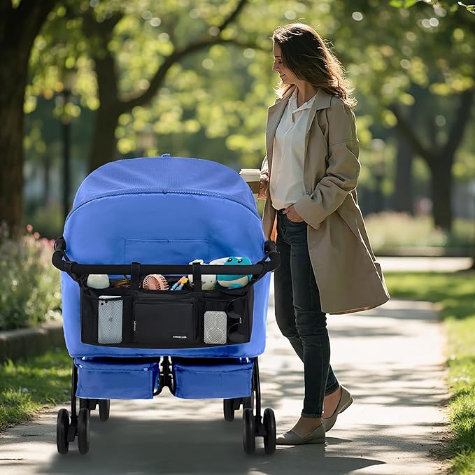 Double Stroller Organizer Universal with 2 Insulated Cup Holders & Cooler Bag, Large Storage Parent Console for Bob Duallie, Baby Jogger City Mini GT2