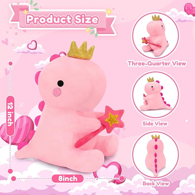 SQEQE Dinosaur Stuffed Animal, Cute Dinosaur Plush Toys with Fairy Wand, Dino Plushies Anniversary Birthday Gift for Her Girls Boys Boyfriend Girlfriend(Pink,12 inch)