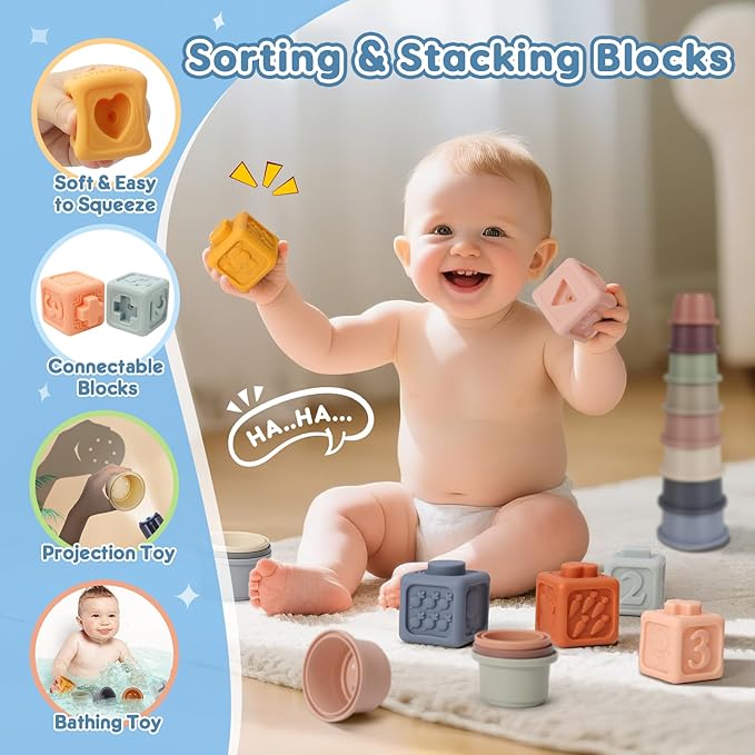 6 in 1 Montessori Toys for Babies 6-12 Months Up - Incl Pull String Toy, Stacking Cups, Tissue Box, Suction Cup Spinner, Stacking Blocks,Activity Cube, Baby Toys for 1 2 3 Year Old