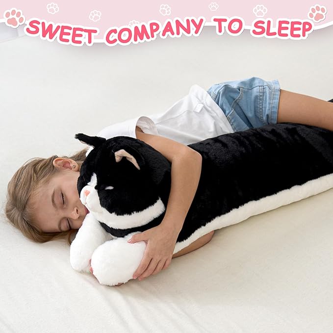 48inch Giant Cat Stuffed Animal Pillow, Cute Big Jumbo Black Cat Body Pillow Plush Toy, Large Cat Soft Fluffy Kitty Plushies Gift for Kids Boys Girls & Adult, Birthday