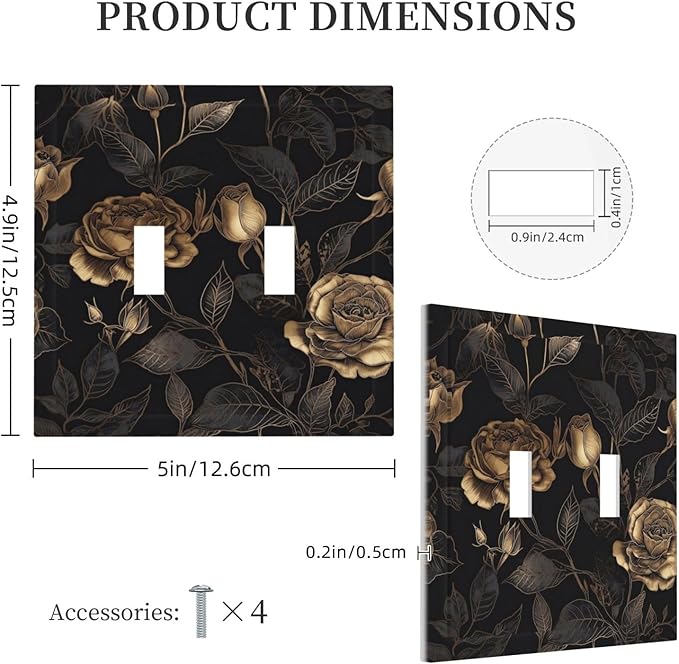 Black Floral Dark Vintage Gold Rose Flower Decorative Switch Plates 2 Gang Double Toggle Outlet Light Switch Cover Wall Plate Electrical Faceplate for Bedroom Living Room Decor