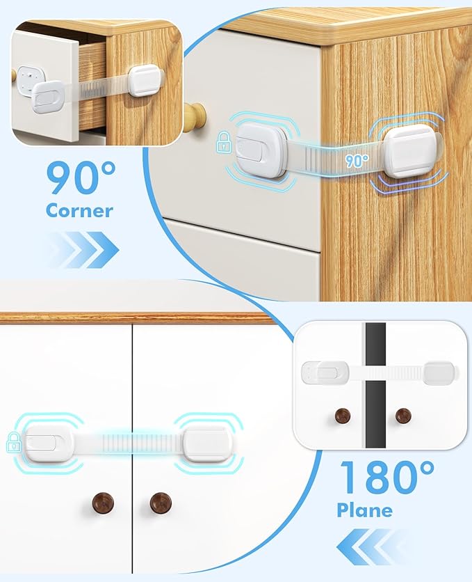 12 Pack Cabinet Locks Baby Proofing, Child Proof Cabinet Locks with 3M Adhesive - Easy Installation with Adjustable Straps, Multi-Purpose Child Safety Latches for Drawers Fridge Trash Cans Toilets