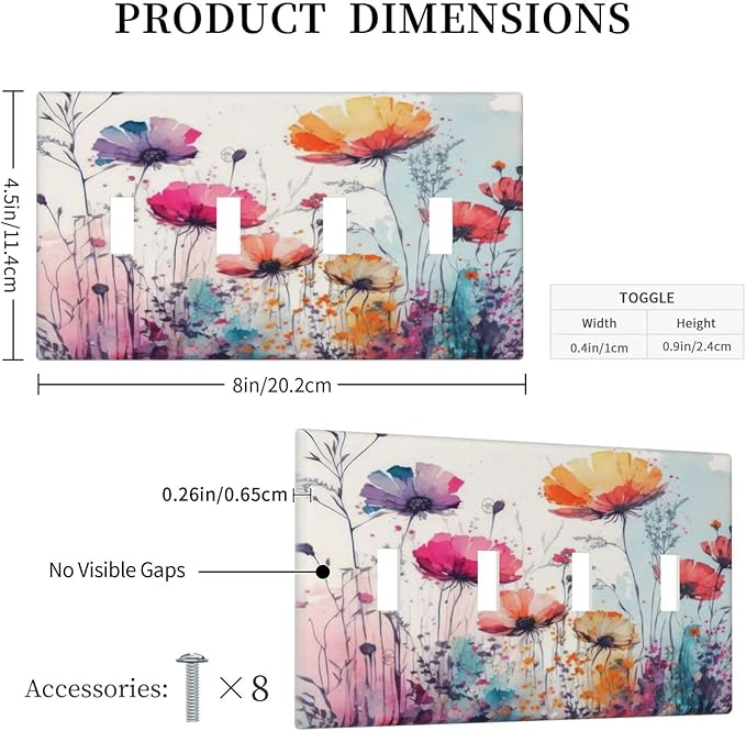 Light Switch Cover Plate Abstract Floral watercolor flowers 4 Gang Switch Plate Quad Toggle Wall Plates Wildflower Decorative Switchplate Electrical Outlet Cover Plates for Home Decor