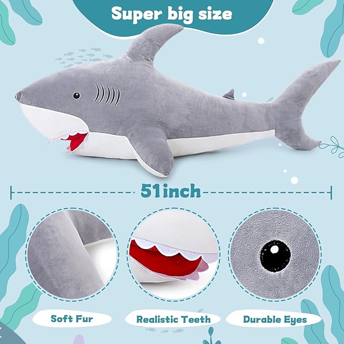 MorisMos 51inch Giant Shark Stuffed Animal, Large Shark Plush Toy Pillow Gift for Kids, Girlfriend, Gray