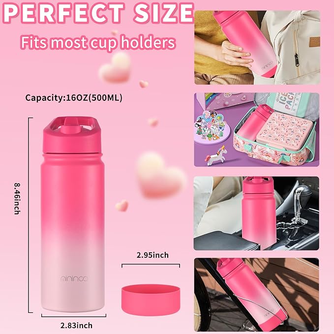 Mininoo Kids Water Bottle, Girls Water Bottle for School, 16oz Metal Stainless Steel Water Bottle Kids with Straw Lid（Sweat Peach）