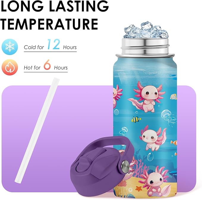 Axolotl Gifts for Girls, 16oz Axolotls Water Bottle with Straw Lid, BPA-Free, Leak Proof Stainless Steel Insulated Tumbler, Adorable Ocean Animal Mug Cup for Sports,Travel Boys Birthday Gifts (1pc)