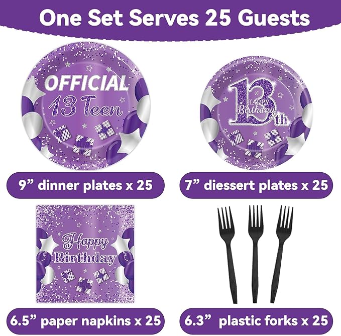 Qyeahkj 100 Pcs Purple Official Teen Birthday Decor 13th Birthday Plates Napkins Forks Set Disposable Official 13th Tableware Teenager Paper Plates Dinnerware Decorations Serve 25