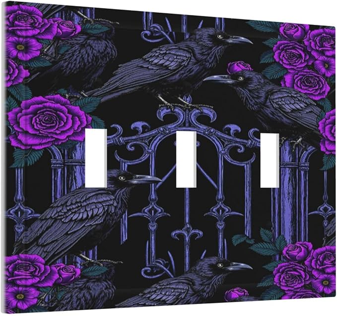 Decorative Switch Plates Gothic Style Crow Purple Flowers 3 Gang Wall Plate Faceplate Triple Toggle Light Switch Cover Electrical Wall Panels for Bedroom living Room Decor