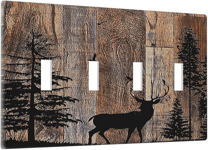 Light Switch Covers Rustic Forest Antler Elk Deer Silhouettes Animals Wood Grain Quad Toggle 4 Gang Wall Plate Electrical Faceplate Decorative Switch Plates for Farmhouse Home Decor
