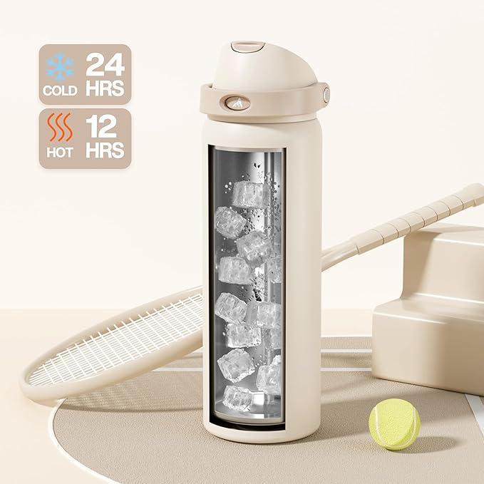 POWCAN 32 oz Insulated Water Bottle, 2-in-1 Push-Button Spout & Quick-Flip Straw Lid, Leakproof, Keep Cold 24Hrs, BPA-Free, Stainless Steel Water Bottle for Sports, School, Travel, Gym (Oat Mousse)