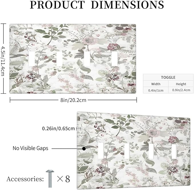 Boho Floral Leaf Vintage Watercolor Flower Light Switch Covers Quad Toggle Electrical Faceplate 4 Gang Wall Plate Decorative Switch Plates Cover for Farmhouse Bedroom Decor