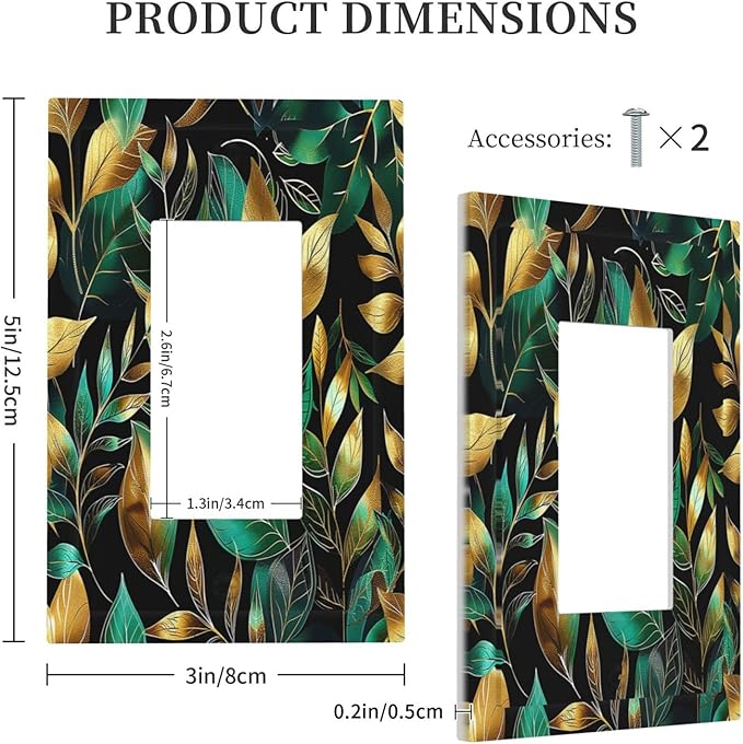 Decorative Outlet Covers Vintage Dark Green Vine Leaf Golden Plants 1 Gang Single Rocker Light Switch Cover Plate Wall Plates GFCI Faceplate for Bed Room Cabin Decor