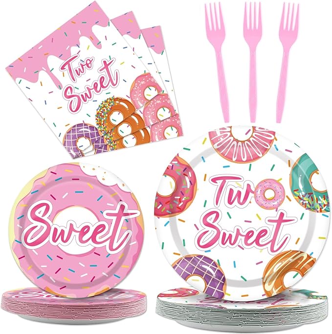 ZOIIWA 96 Pcs Two Sweet Donut Birthday Party Supplies Girls Donut Themed Tableware Table Decor Baby Girl 2nd Birthday Paper Plates Napkins Disposable Dinnerware Party Favor for Baby Shower 24 Guests
