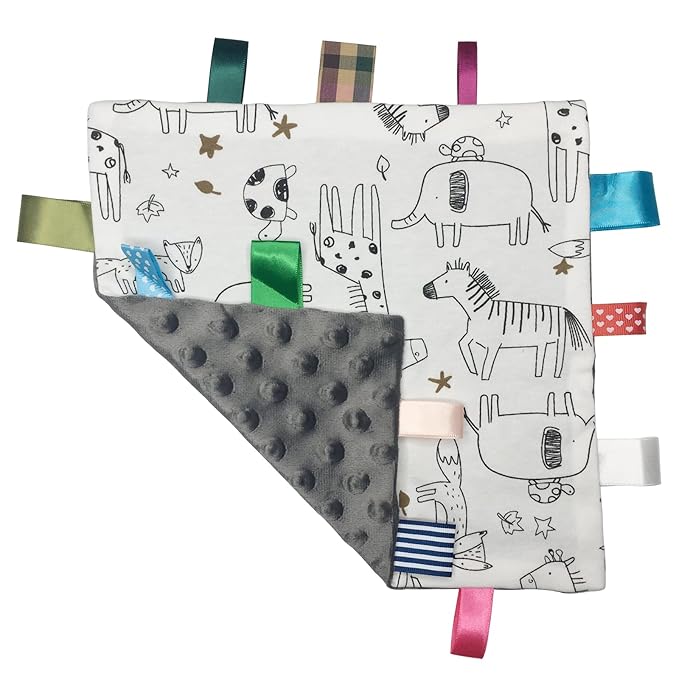 Minky Fabric Baby Security Blanket - Super Soft Sensory Comfort Towel Lovey - Elephant Giraffe Pattern, Great for Newborn to Toddler - 9 x 9 inches