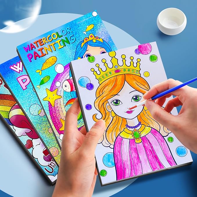 JUNQIU Water Color Paint Sets for Kids, Watercolor Painting Coloring Books for Toddlers, Paint with Water Books for Kids Ages 4-8, Art Craft Kits for Girls Boys Drawing with Brush