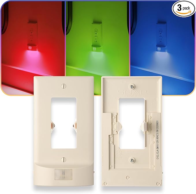3 Pack - SnapPower Multi-Color GuideLight – Outlet Cover RGB Lights, Customizable Ambient Lighting/Mood Lighting for Home, Kitchen, Gaming Room, Kids Bedroom, Holiday Decor (Light Almond, Decor)