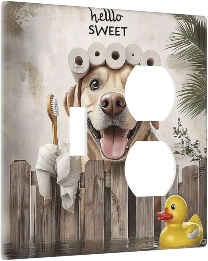 Funny Dog Rustic Farmhouse Wooden Fence Labrador Wallplates 1 Toggle 1 Duplex Switch Plate Electrical Gfci Faceplate Decorative Light Switch Covers For Kids Room Bathroom Decor