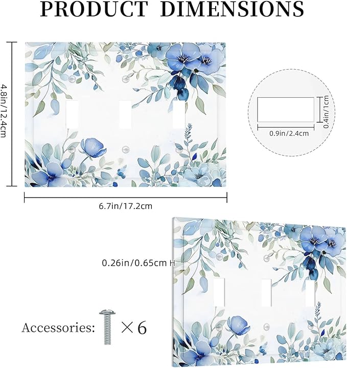 Watercolor Blue Flower Plant Floral Green Leaves Decorative Switch Plates 3 Gang Wall Plate Triple Toggle Light Switch Cover Faceplate Electrical Wall Panels for Bedroom Living Room Decor
