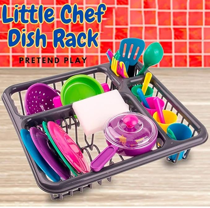 28 PCS Kids Pretend Play Dishes Kitchen Playset - Wash and Dry Dish Rack Toy with Drainer, Kitchen Tableware Sets for Toddlers