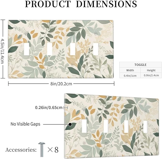 Boho Watercolor Leaves Quad Toggle Light Switch Cover Watercolor Green Botanical 4 Gang Wall Plate Decorative Electrical Switchplates Covers for Country Bathroom Bedroom Kitchen Decor