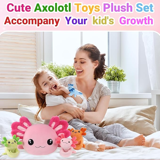 5 in 1 Axolotl Plush Toys for Girls Boys, 18" Mommy Axolotl Stuffed Animal with 4 Baby Axolotls Pink Stuffed Axolotl Plush with Babies Axolotl Plushies for Kids Toddler Birthday Christmas Plush Gifts