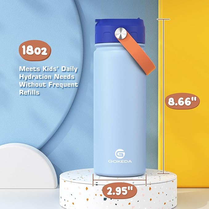 GoKEDA 18oz Kids Water Bottle, Insulated Water Bottles with Stickers, 18/8 Stainless Steel Vacuum Leak Proof Straw Cup for School, Gifts for Boys(Dark Blue)