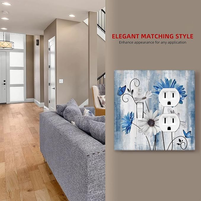 Light Switch Cover Rustic Teal Blue Daisy Floral Farmhouse 2 Gang Outlet Cover 1 Toggle Duplex Decorative Switch Plates Wall Plate Electrical Receptacle Faceplate for Bathroom Bedroom