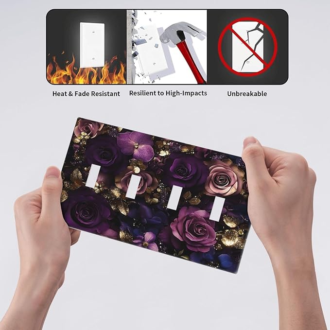 Decorative Switch Plate Cover with Luxurious Purple Roses Gold Accents Leaves Design 4 Gang Artistic Wall Plate Unique Quad Toggle Light Switch Covers for Romantic Bedroom/Living Room Decor