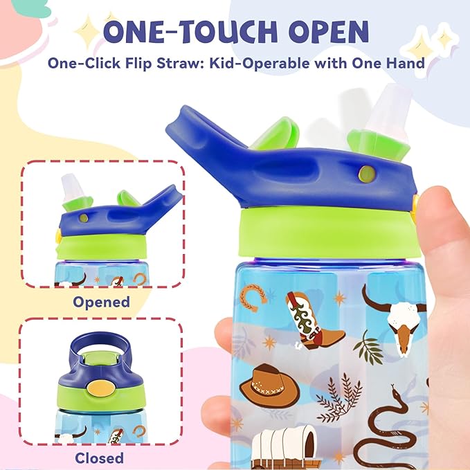 14oz Cowboy Kids Water Bottle with Straw - Western Water Bottle For School, Leakproof, Lightweight, Durable Plastic Bottles for Kids Travel, Pop-Up Straw Cover, Gift Cup for Boys Girls (Cowboy)