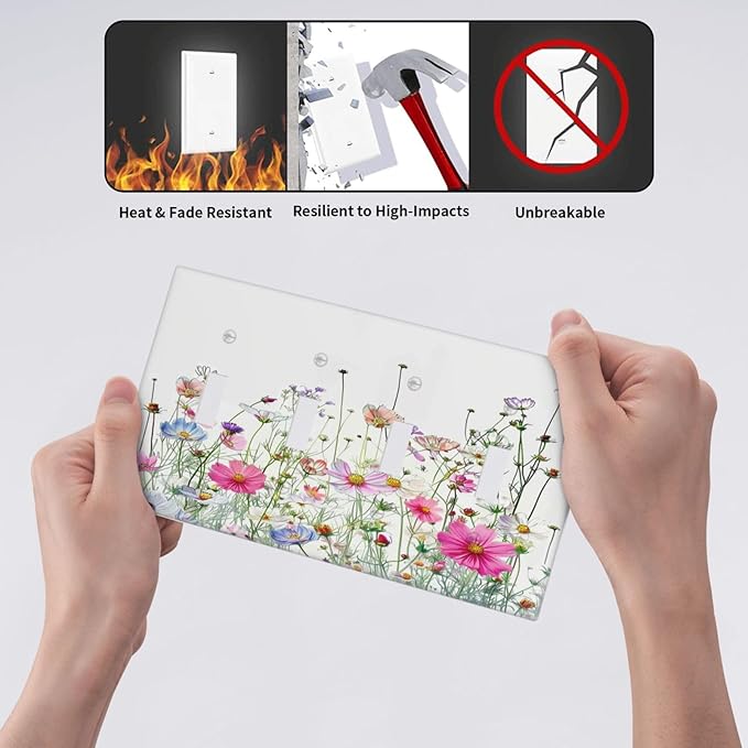 Light Switch Covers Boho Colorful Flowering Plant Wild Flower Quad Toggle Electrical Faceplate 4 Gang Wall Plate Decorative Switch Plates For Bed Room Living Room Decor