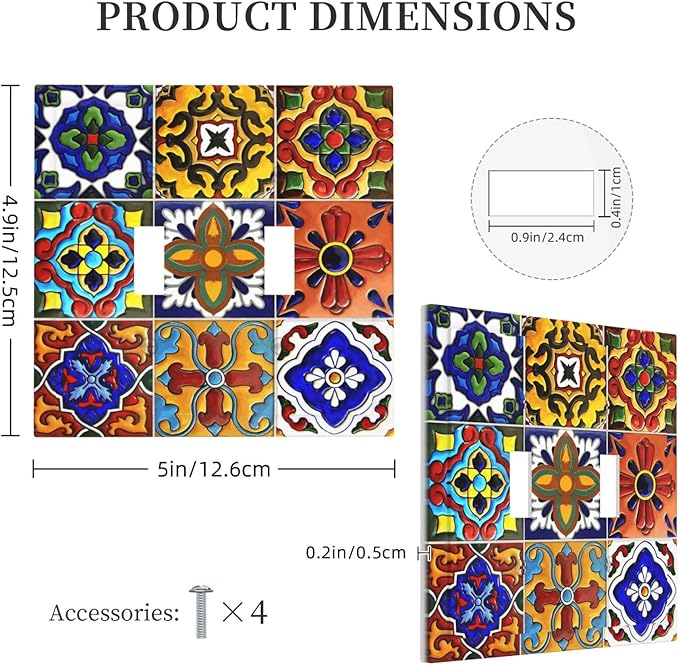 Vintage Colorful Boho Mexican Moroccan Tile Decorative Switch Plates 2 Gang Double Toggle Outlet Light Switch Cover Wall Plate Electrical Faceplate for Farmhouse Home Decor