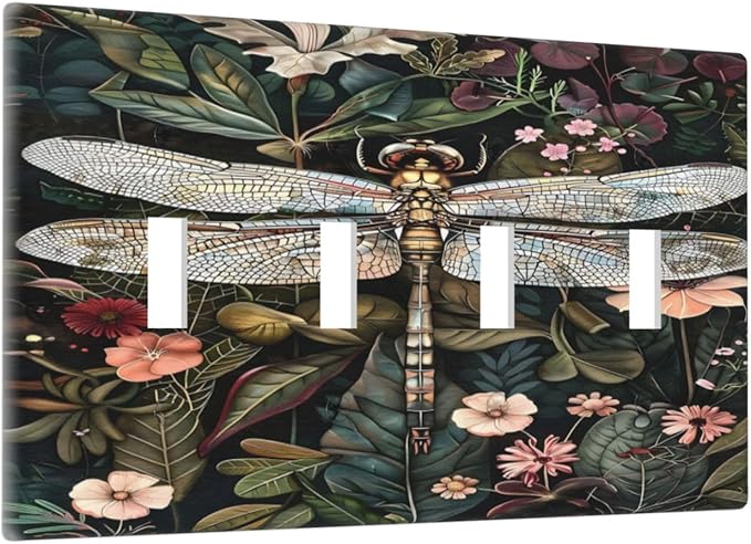 Vintage Dark Green Dragonfly Flowers Floral Botanical Light Switch Covers Quad Toggle Electrical Faceplate 4 Gang Wall Plate Decorative Switch Plates Cover for Farmhouse Home Decor