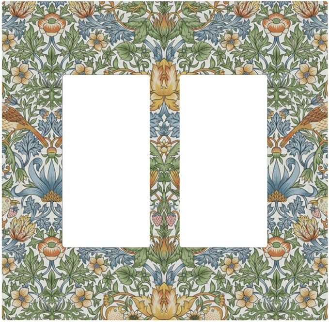 William Morris Strawberry Thrush Birds Double Rocker Light Switch Cover Vintage Floral Flowers Plant 2 Gang Outlet Covers Switchplates Decorative Electrical Wall Plate for Country Home Decor