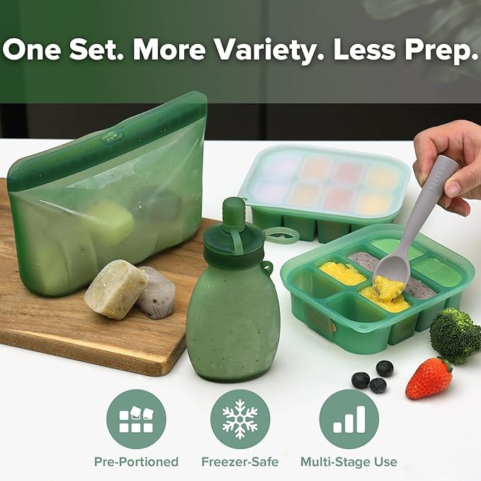 Haakaa Flexi-Prep, Store & Feed Combo, Breastmilk Storage & Baby Food Freezer Tray Set with Silicone Freezer Trays, 1000ml Silicone Storage Bag & Refillable Baby Food Pouch