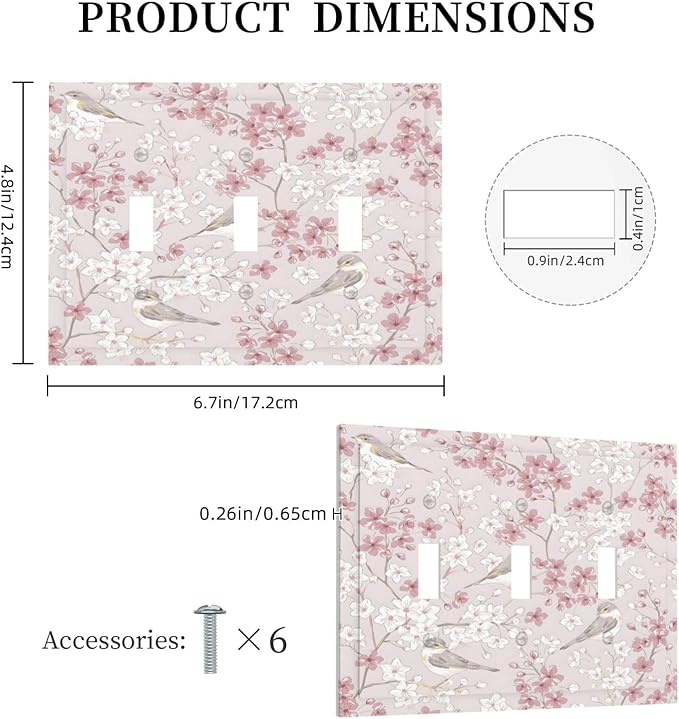 Pink Sakura Cherry Blossom Vintage Bird Floral Flower Decorative Switch Plates 3 Gang Wall Plate Triple Toggle Light Switch Cover Faceplate Electrical Wall Panels for Bedroom Living Room Decor