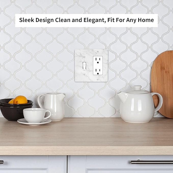 White Marble Faux Printed Double Gang Toggle Rocker Decorative Light Switch Cover, 2-Gang Wall Plate Outlet Cover