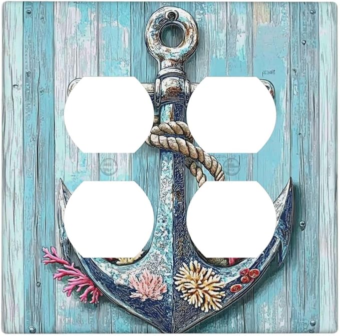 Outlet Covers Anchor Coastal Beach Nautical Coral 2 Gang Double Duplex Decorative Light Switch Covers Electrical Wallplates Socket Faceplate For Farmhouse Cabin Decor