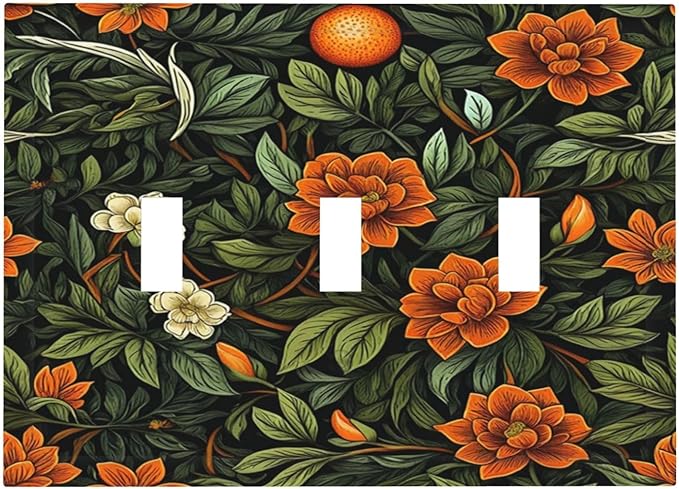 Light Switch Cover Plate William Morris Orange Flowers Rustic Leaves Floral 3 Gang Triple Toggle Decorative Switch Plates Wall Plates Electrical Switchplate Faceplate for Bathroom Bedroom