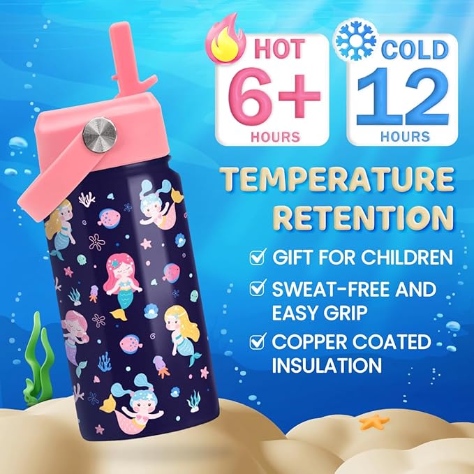 Mermaid Water Bottle for Girls - Kids Water Bottle with Straw Lid - 12 Oz Insulated Stainless Steel Water Bottles for Kid Girl- Travel Cup for School Sports
