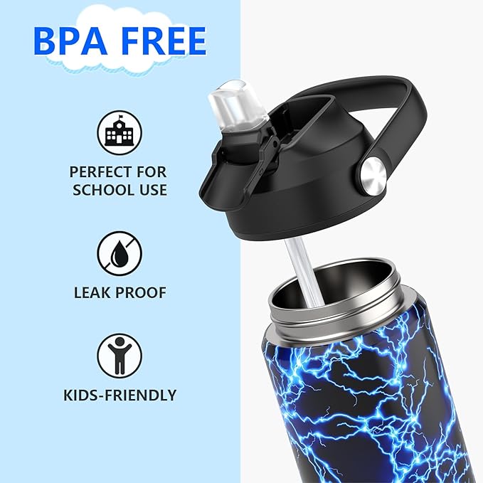 Boys Water Bottle with Straw,18 oz Kids Insulated Cups with Stainless Steel Leak Proof for School,Sport&Travel（2pack，Lightning+Game）