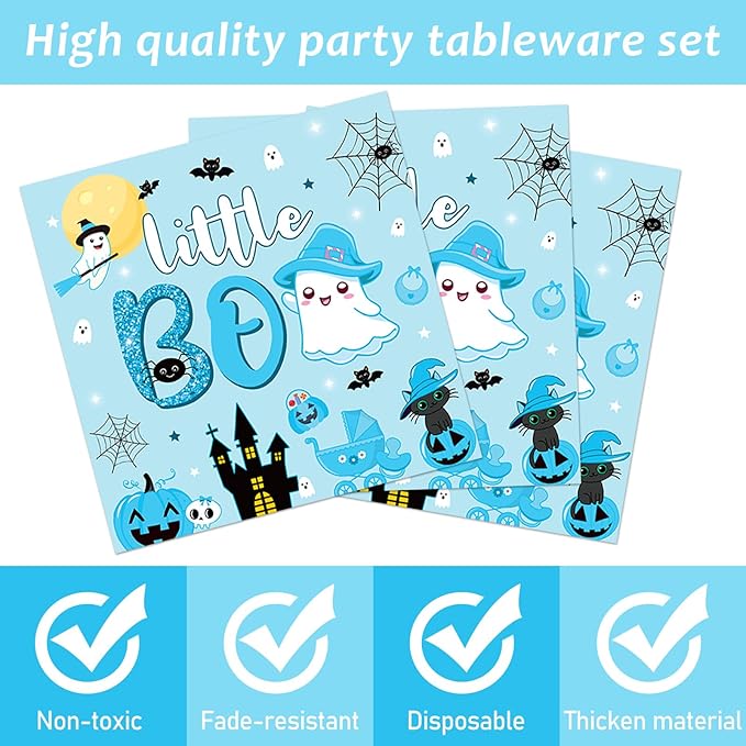 96PCS Halloween Little Boo Baby Shower Plates and Napkins for Boo baby shower Decorations Disposable Blue and Black Dinnerware Plates Napkins Forks for Halloween Party Favors