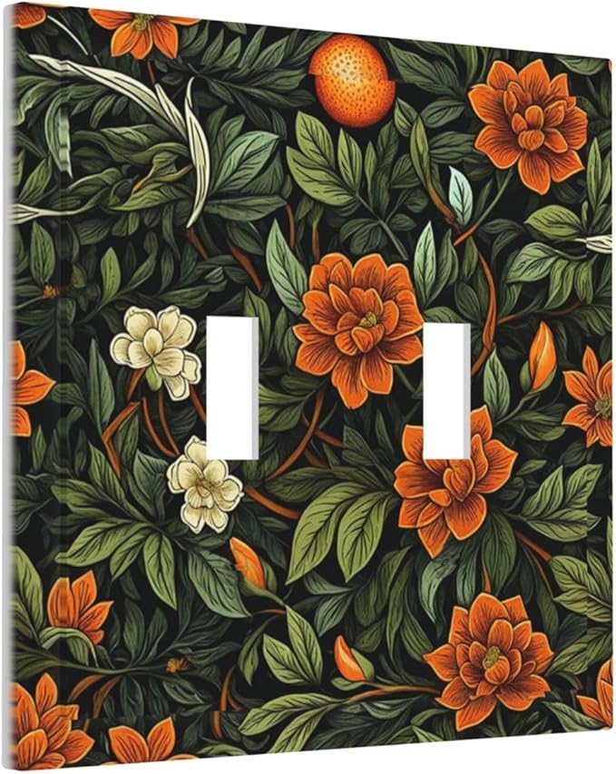 Light Switch Cover Plate William Morris Orange Flowers Rustic Leaves Floral 2 Gang Double Toggle Decorative Switch Plates Wall Plates Electrical Faceplate for Bathroom Bedroom Decor