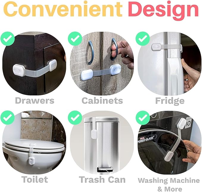 Inaya 12-Pack Child Proof Locks for Cabinet Doors, Drawers, Fridge, Toilet Seat, Dishwasher, Trash Can, Cupboard - 3M Adhesive - No Drilling - Baby Proofing Cabinet Locks
