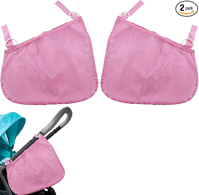 2 Pack Universal Side Sling Stroller Organizer with Mesh Cargo Net,Adjustable and Non-Slip Stroller Storage Bags, Portable Side Sling Stroller Cargo Net for Baby Accessories(Pink)