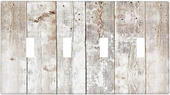 Vintage Light Wood Retro Rustic White Gray Oak Print Light Switch Covers Quad Toggle Electrical Faceplate 4 Gang Wall Plate Decorative Switch Plates Cover for Farmhouse Home Decor