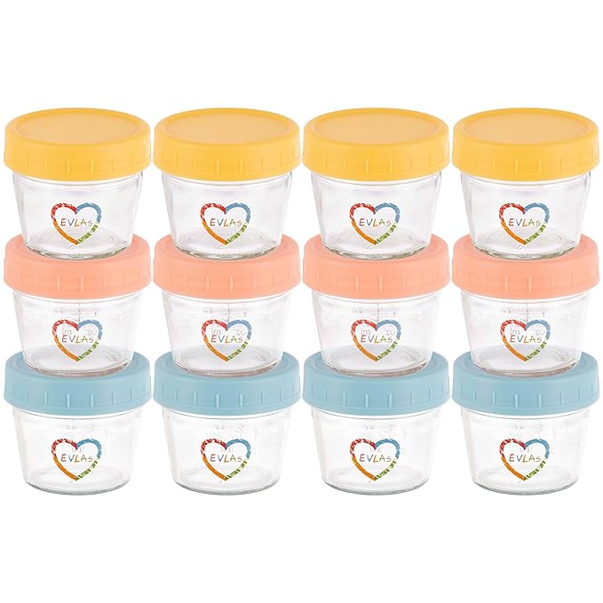 EVLA'S Baby Food Containers 12-Pack - 4 oz Glass Jars with Lids - BPA-Free, Microwave, Freezer, and Dishwasher Safe Glass Baby Food Jars or Toddler Snack Containers for Kids Purees or Breastmilk