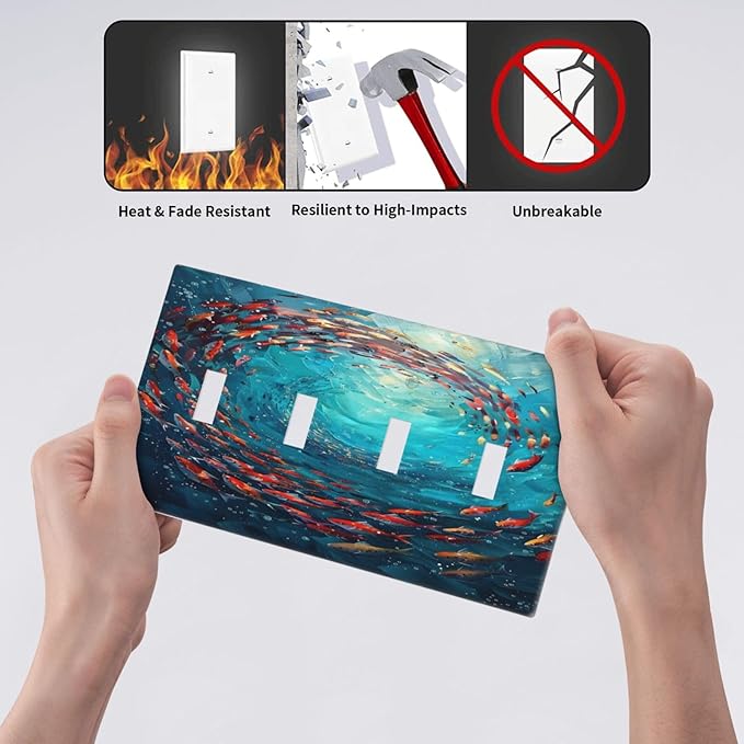 Ocean Fish School Of Fish Vortex Deep Sea Light Switch Covers Quad Toggle Electrical Faceplate 4 Gang Wall Plate Decorative Switch Plates Cover for Kids Room Bedroom Decor